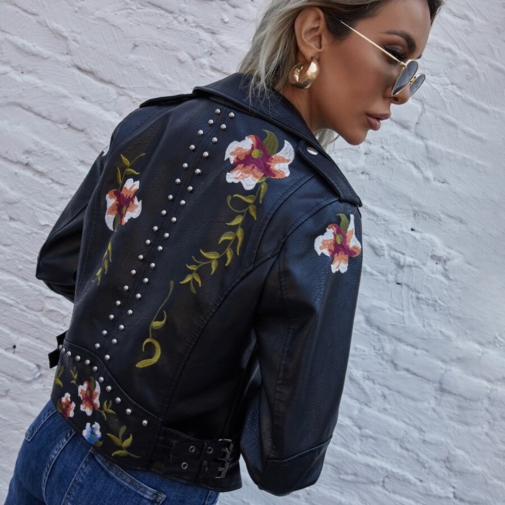 black embroidered floral leather biker moto jacket - Picture 6 of 7